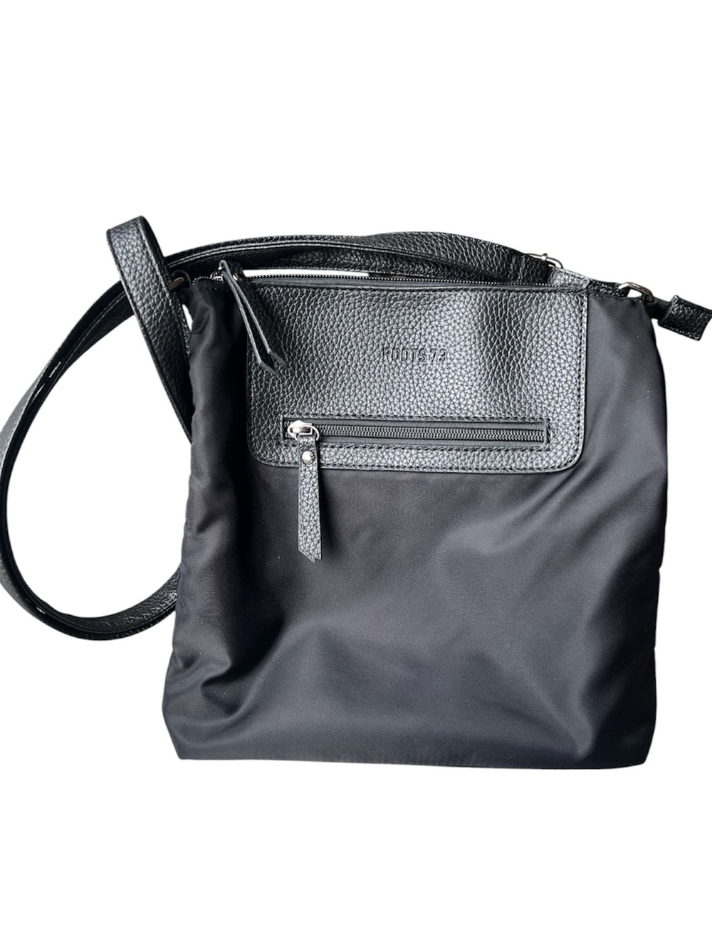 Roots 73 Black Nylon & Faux Leather Crossbody Bag Front Zip Pocket